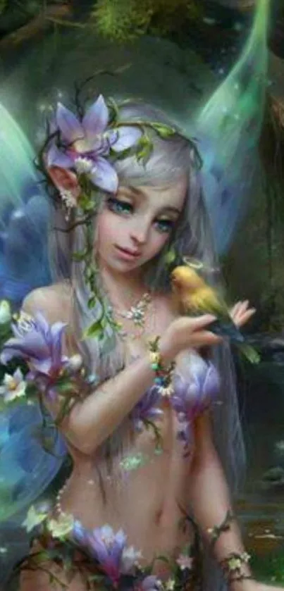 Enchanting fairy with colorful wings holding a bird in a mystical forest setting.