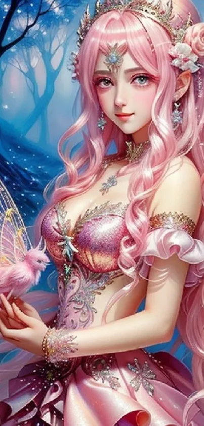 Pink-haired fairy in a mystical forest.