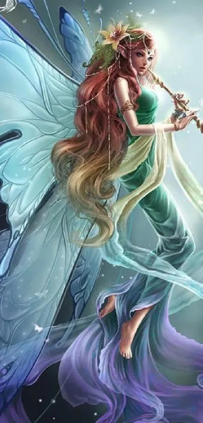 A fantasy art design featuring an enchanting fairy with ethereal wings.