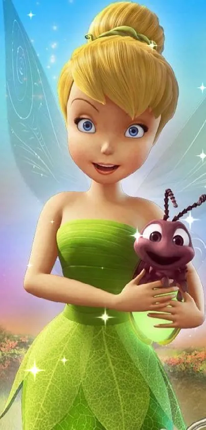 Enchanting fairy with leaf dress and insect in a vibrant, colorful setting.