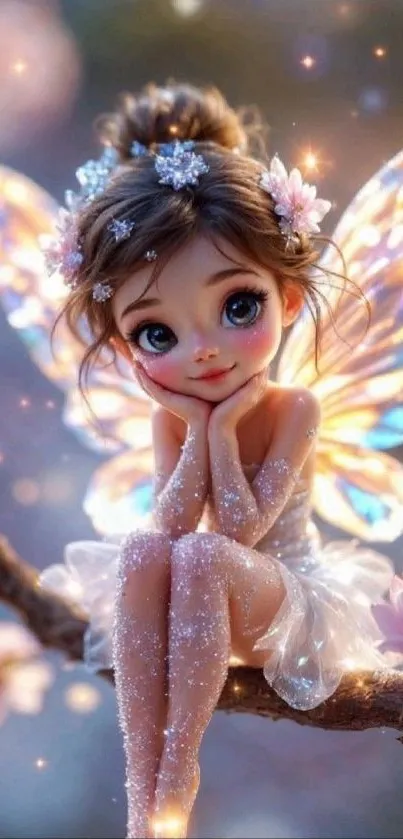 Enchanting fairy sitting on a branch with sparkling wings and flowers.