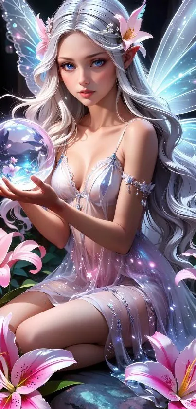 Fantasy illustration of a fairy with flowers and magical wings.