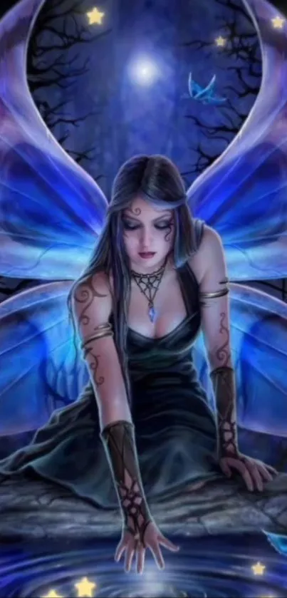 A mystical fairy in a moonlit forest with vibrant blue wings.