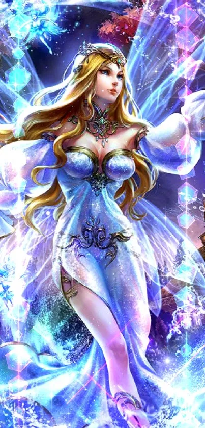 Enchanting fairy in a mystical blue realm, vibrant fantasy art.