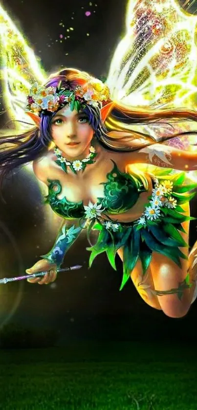 Enchanting fairy with glowing wings in vibrant fantasy art.