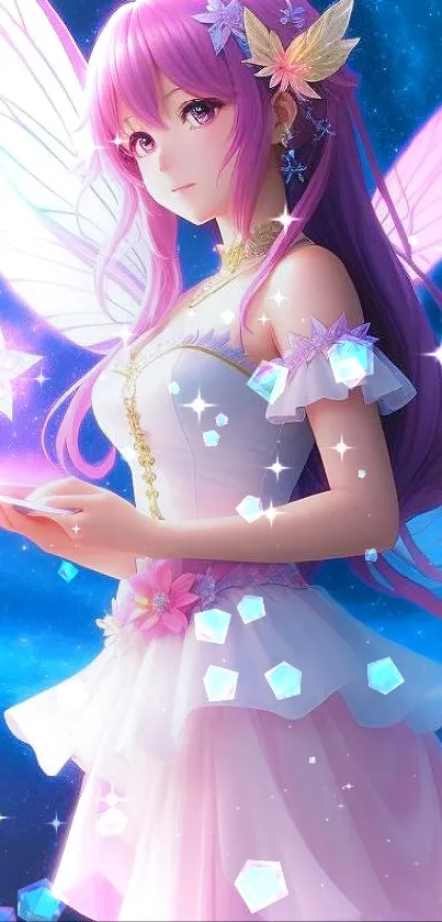 Pink-haired fairy with wings in cosmic fantasy background.