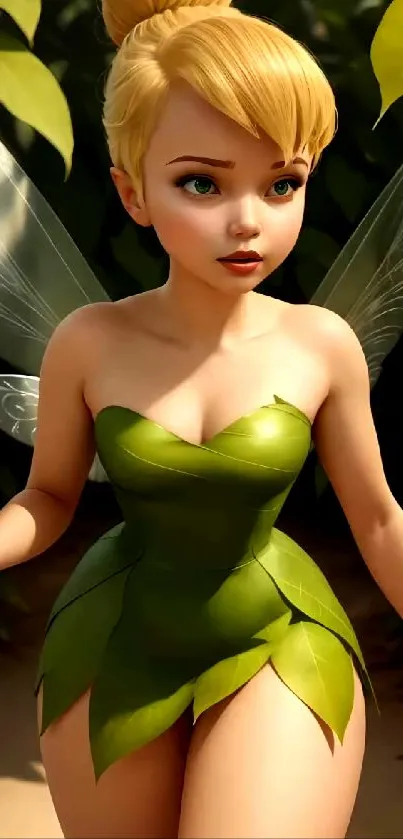 Tinker Bell fairy in green leaf dress with magical wings.