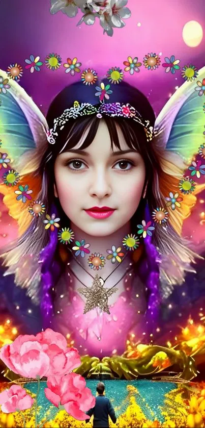 Fantasy fairy with vibrant wings and floral accents on a mobile wallpaper.
