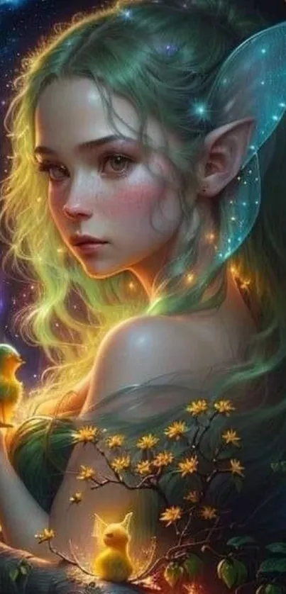 An enchanting elfin girl in a glowing fairy forest, captured in digital art.