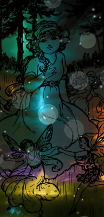 Illustrated fairies in a vibrant, enchanted forest under a teal night sky.