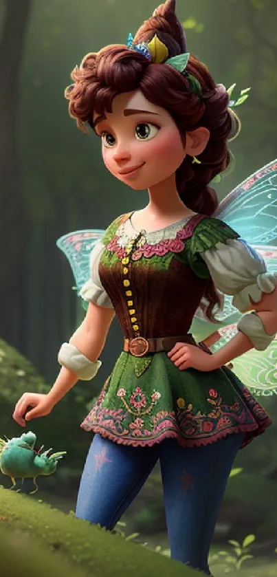 Whimsical fairy in a green forest fantasy setting with magical wings.