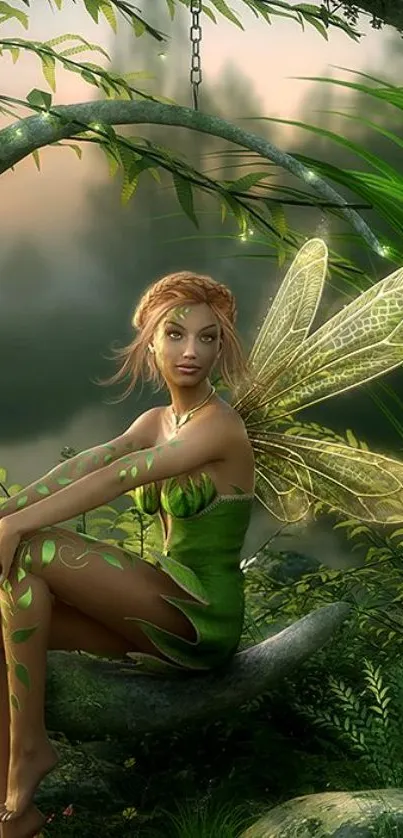 An enchanting fairy with glowing wings sits in a lush green forest.