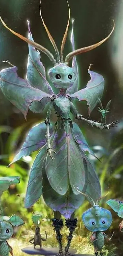 Whimsical fairy creatures in a green forest setting.