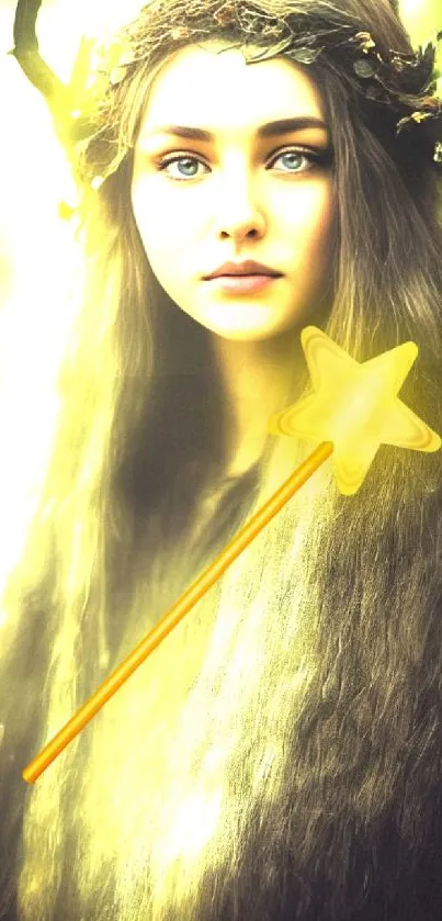 Mystical fairy in enchanted forest with magic wand.