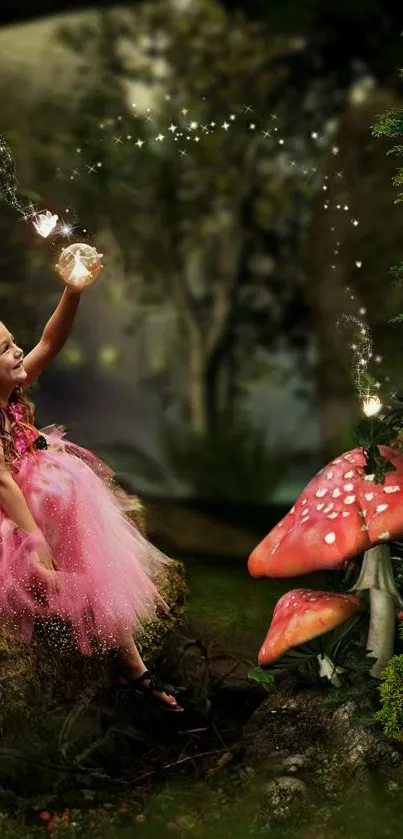 Young girl in pink dress, magic forest setting with mushrooms.