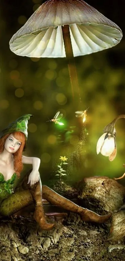 Luminous fairy in enchanted forest with glowing mushrooms.