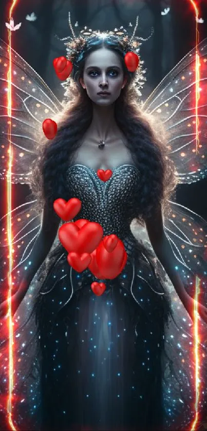 Mystical fairy with glowing wings in a shadowy forest setting.