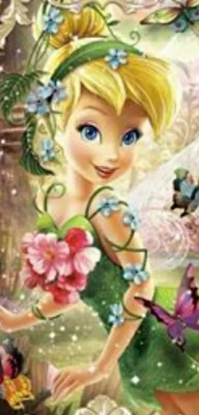 Enchanting fairy surrounded by butterflies and flowers in a lush forest setting.