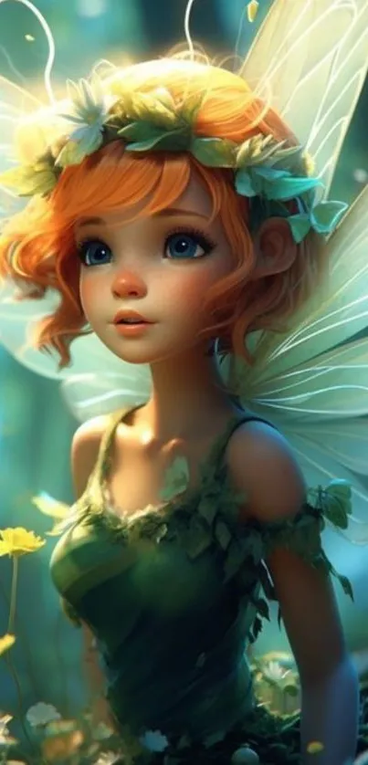 Fairy in forest with glowing wings and flowers.