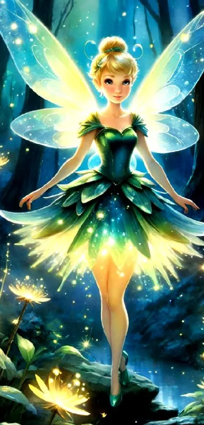 Fairy with wings in a glowing forest setting.