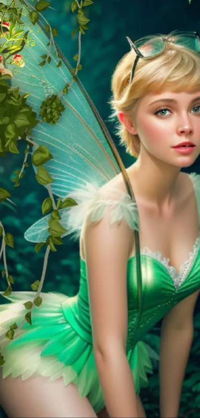 Enchanting fairy in a lush green forest wallpaper for mobile.