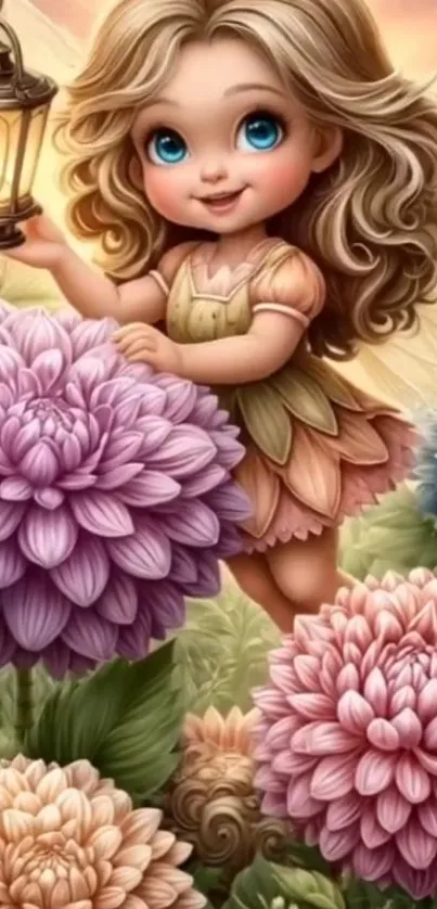 Fairy holding lantern in a flower garden.