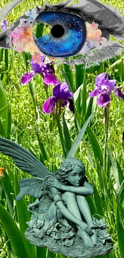 Fairy statue with eye and flowers in lush garden.