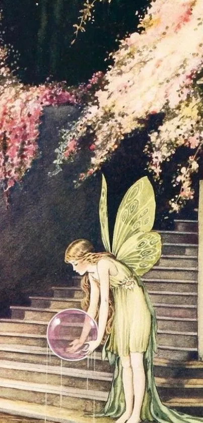 Illustration of a fairy in a mystical garden with pink blossoms.