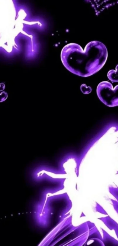 Glowing purple fairies with hearts on a dark background.