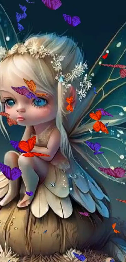 An enchanting fairy sitting on a flower with delicate blue wings.