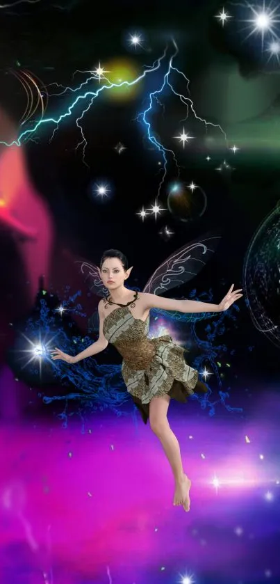 Fairy in a vibrant cosmic dreamscape with electrifying elements.