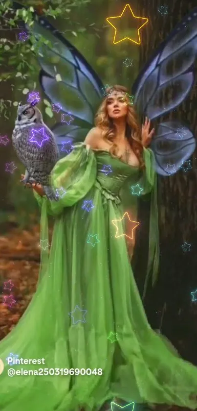 Fairy in green dress with owl in forest setting, magical elements.