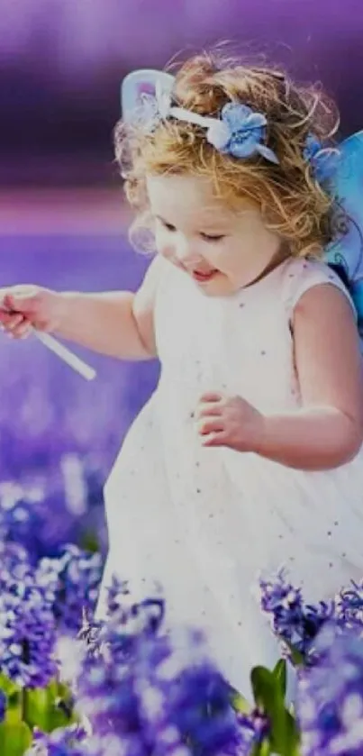 A child dressed as a fairy in a lavender field.