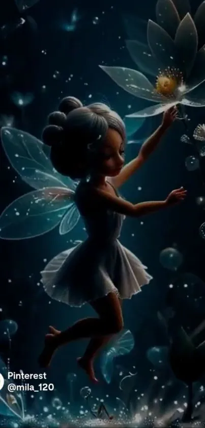 A fairy with wings dancing under moonlit flowers.