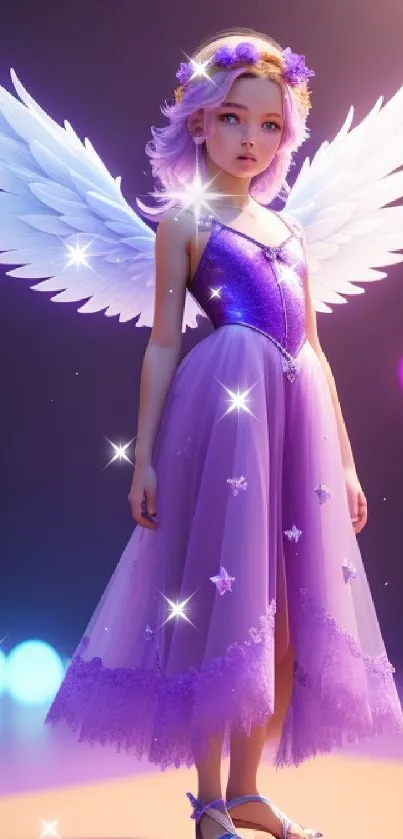 A magical fairy in a purple dress with bright wings against a softly lit background.