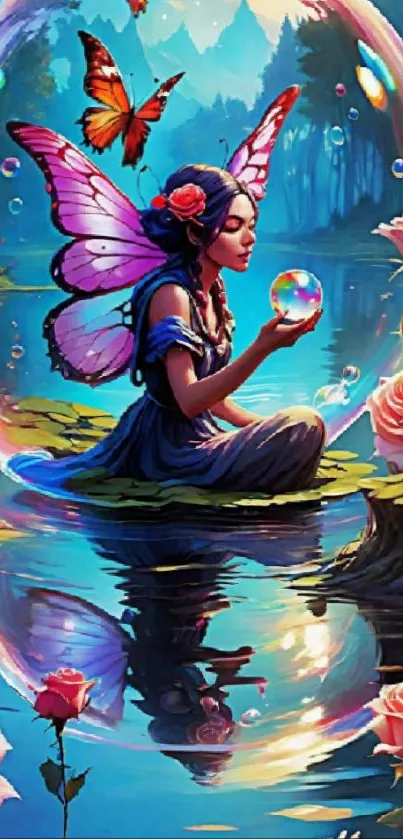 Magical fairy among roses and bubbles, with butterfly wings on a serene pond.