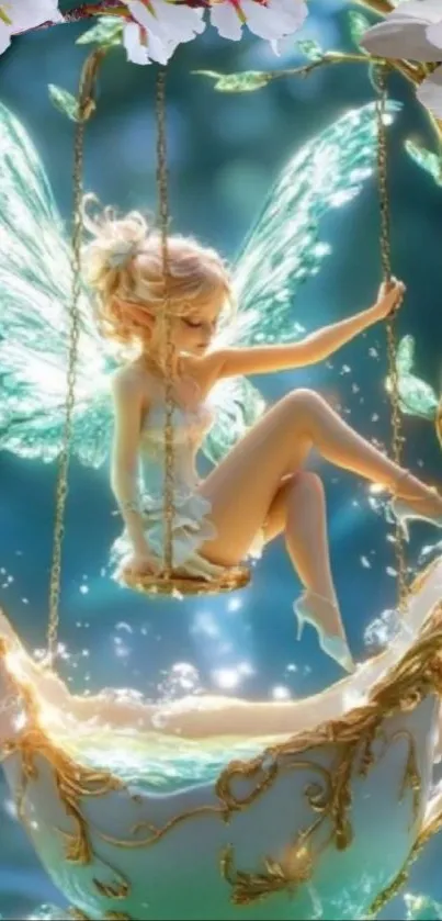 A whimsical fairy with wings sits gracefully in a decorative teacup.