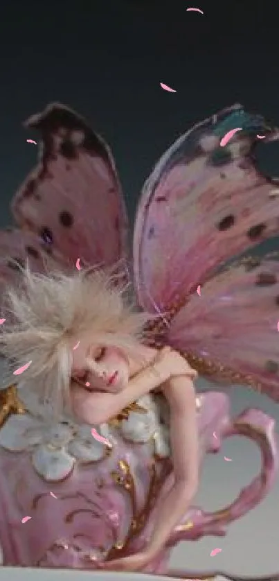 Whimsical fairy resting in a pink teacup with butterfly wings.