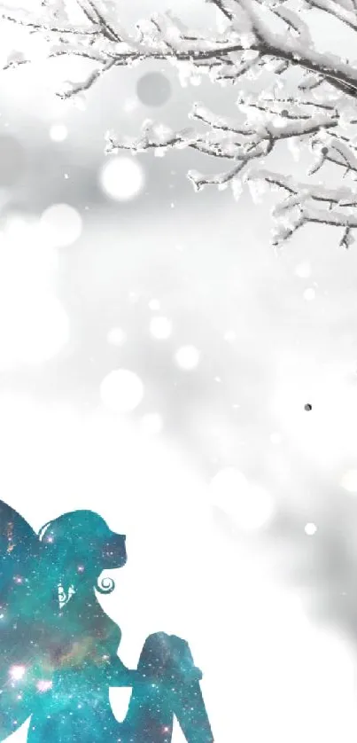 A fairy silhouette in a snowy winter forest background.