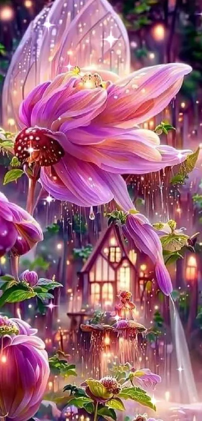 Enchanting purple fairyland with glowing flowers and mystical homes.