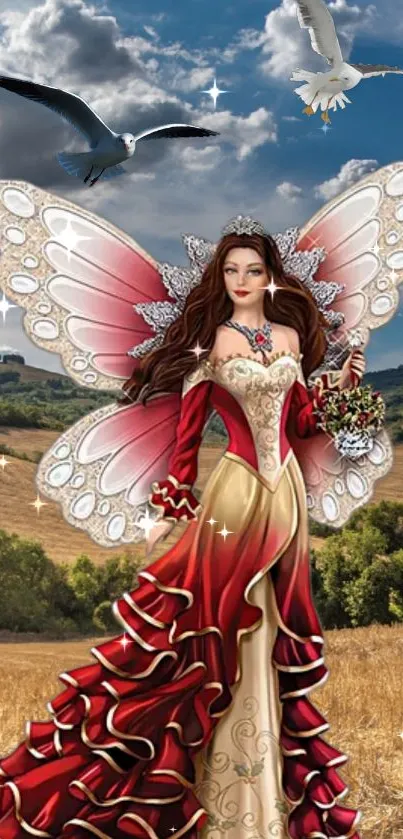 Beautiful fairy in red dress with wings in a scenic meadow.