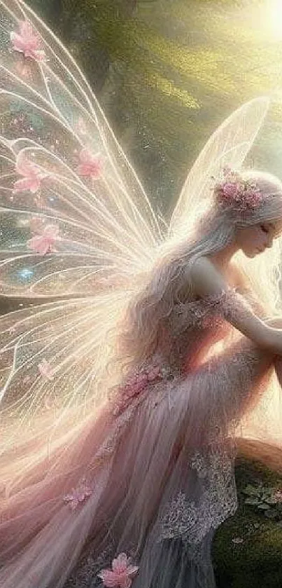 A fairy with delicate wings sits in a sunlit forest.