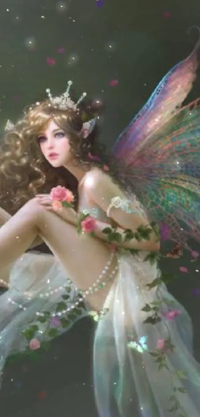 Ethereal fairy with colorful wings in a mystical garden wallpaper.