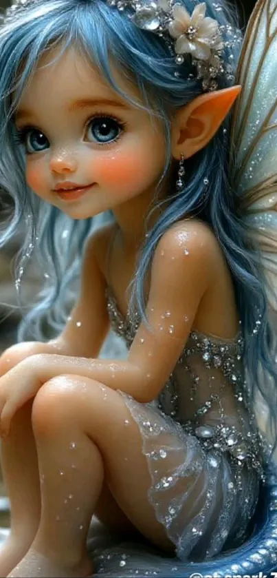 Enchanting fairy with blue wings sits gracefully.