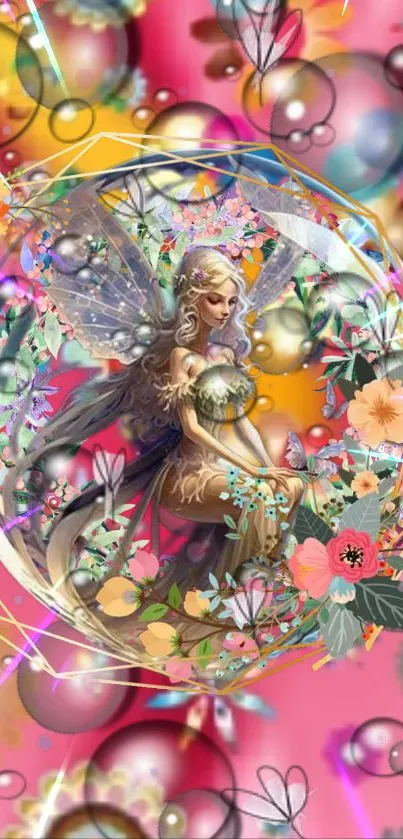 Fairy surrounded by colorful elements on a vibrant fantasy wallpaper.