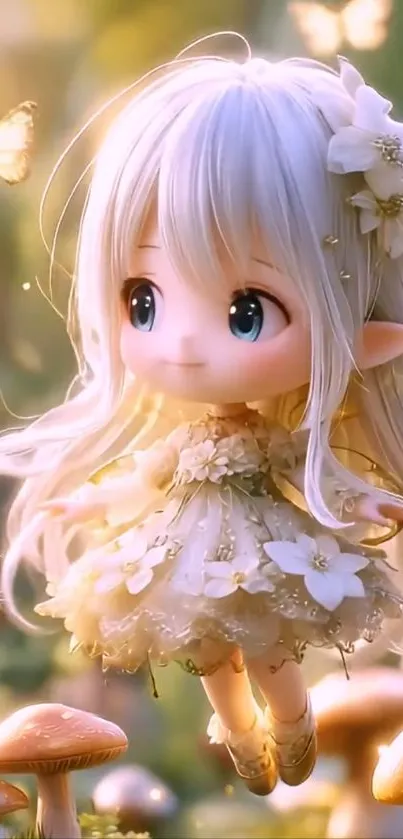 A whimsical fairy with butterflies and mushrooms in enchanting light.