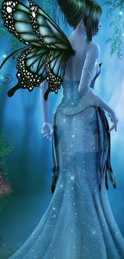 Enchanting fairy in a mystical forest with blue and green hues.