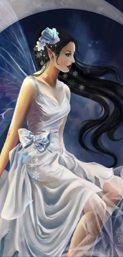 Ethereal fairy with wings in moonlight, wearing a white dress.