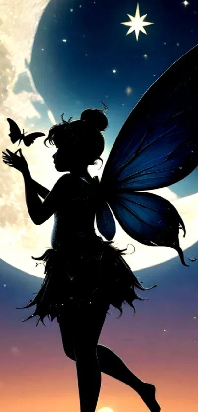 Silhouette of a fairy with butterfly wings against a full moon and starry night sky.