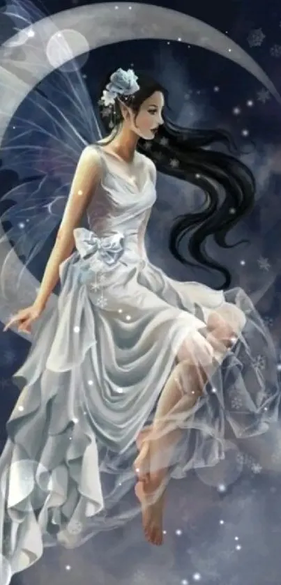 Graceful fairy in a moonlit scene with enchanting wings and a serene night backdrop.